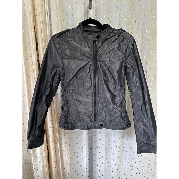 Bebe Sport Y2K Shiny Metal Black Side Arm Rouching Zip Up Motorcycle Jacket M - Picture 2 of 8